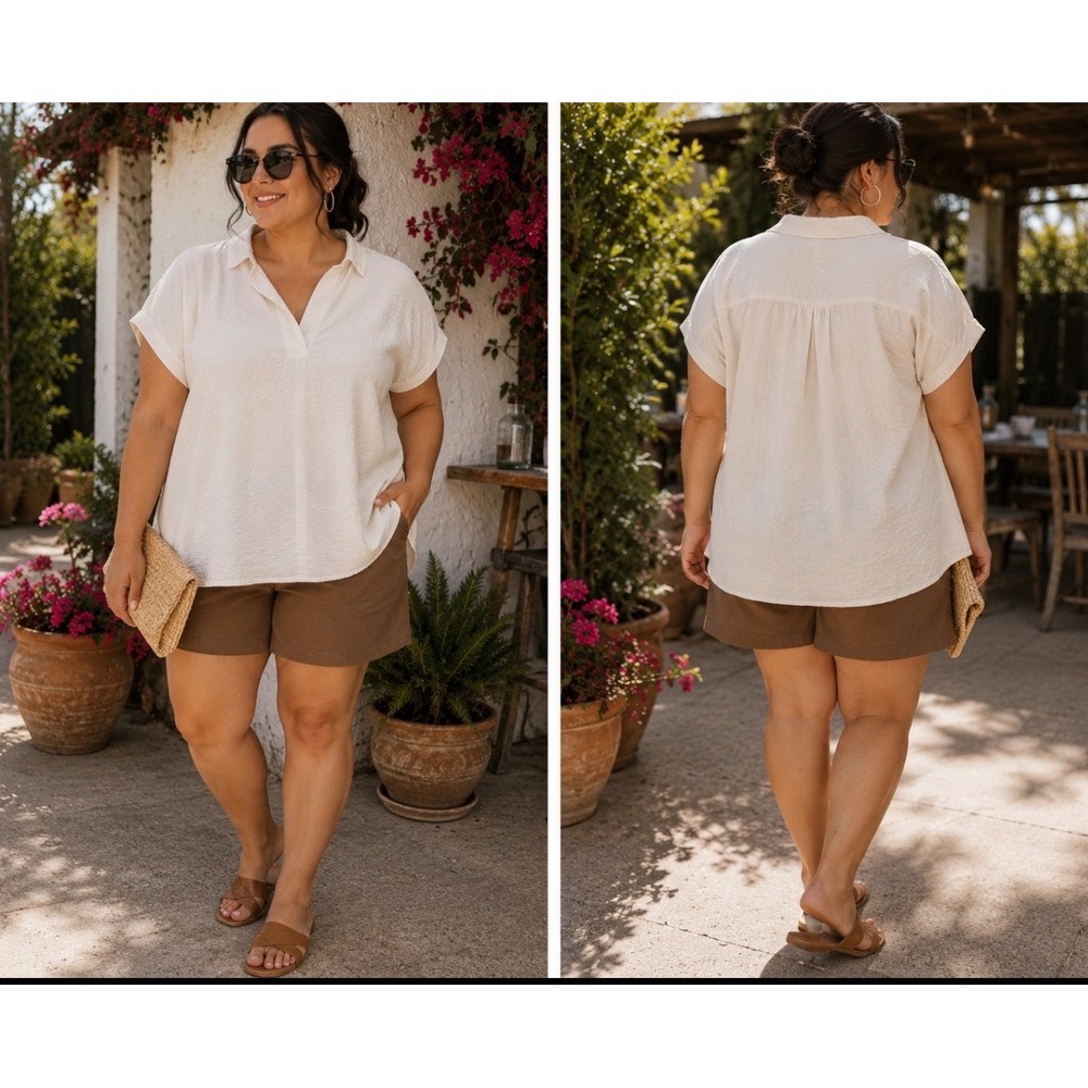 Anthropologie Cream Textured V-Neck Short Sleeve Blouse Top 3X OP1982790